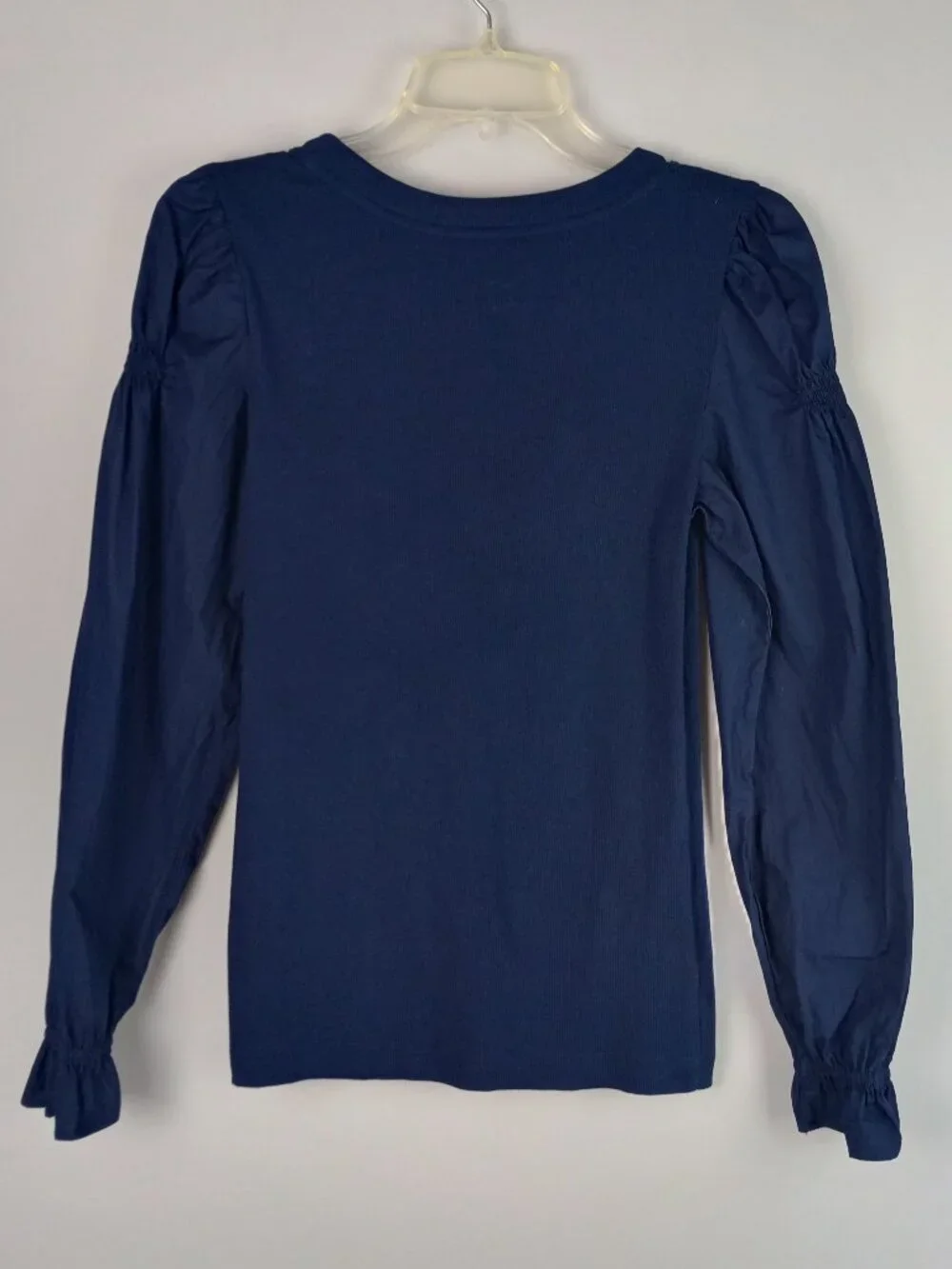 Loft Womens XS‎ Navy Blue Cotton Blend Round Neck Long Puff Sleeve Blouse Shirt